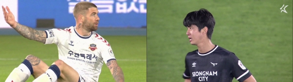 아쉬워 하는 수원 FC 라스(좌)와 성남 김민혁(우) ⓒ팀트웰브=K리그 중계영상 캡쳐 아쉬워 하는 수원 FC 라스(좌)와 성남 김민혁(우) ⓒ팀트웰브=K리그 중계영상 캡쳐
