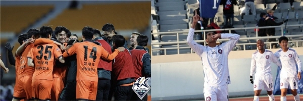 강원 FC 선수들(좌측 사진)과 충북청주 FC 조르지(우측사진 왼쪽) ©연합뉴스=한국프로축구연맹 제공 강원 FC 선수들(좌측 사진)과 충북청주 FC 조르지(우측사진 왼쪽) ©연합뉴스=한국프로축구연맹 제공
