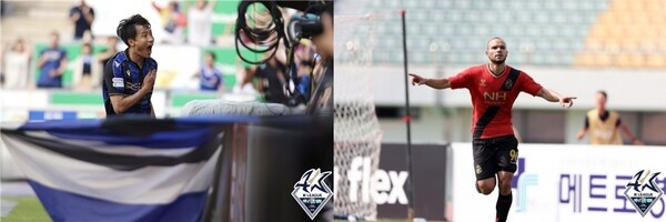인천 유나이티드 권한진(왼쪽)과 경남 FC 글레이손(오른쪽) ©연합뉴스=한국프로축구연맹 제공 인천 유나이티드 권한진(왼쪽)과 경남 FC 글레이손(오른쪽) ©연합뉴스=한국프로축구연맹 제공
