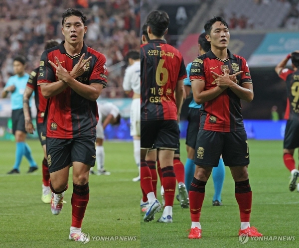 22라운드 수원 FC와의 경기에서 멀티골을 기록한 서울 김신진(왼쪽)과 나상호(오른쪽) ©연합뉴스=한국프로축구연맹 제공 22라운드 수원 FC와의 경기에서 멀티골을 기록한 서울 김신진(왼쪽)과 나상호(오른쪽) ©연합뉴스=한국프로축구연맹 제공
