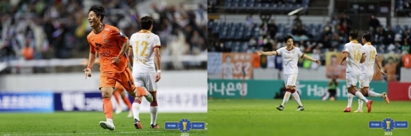 '2023 하나원큐 FA컵' 준결승에서 격돌했던 제주 유나이티드(좌)와 포항 스틸러스(우) ©연합뉴스=대한축구협회 제공 '2023 하나원큐 FA컵' 준결승에서 격돌했던 제주 유나이티드(좌)와 포항 스틸러스(우) ©연합뉴스=대한축구협회 제공